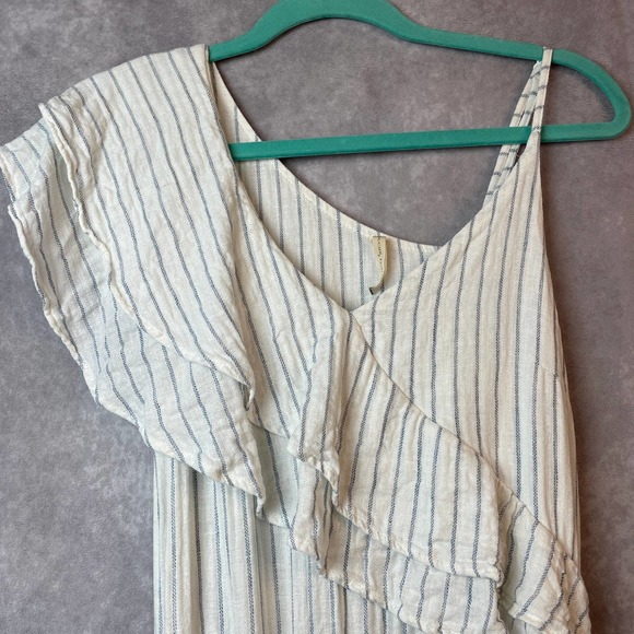 Touche Balneaire Dress Womens Medium 100% Linen Ruffle Tired Blue Cream - Picture 2 of 10